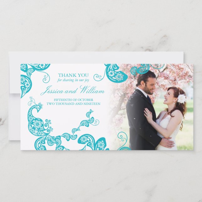 Turquoise Floral Peacock Elegant Photo Wedding Thank You Card (Front)