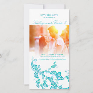 Turquoise Floral Peacock Save The Date Photo Card
