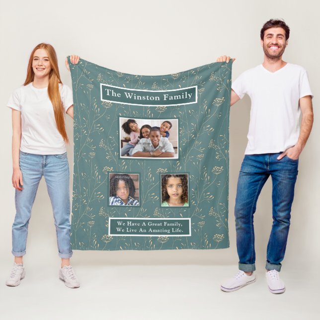 Turquoise Floral, Personal, Framed Family Photos Fleece Blanket (In Situ)