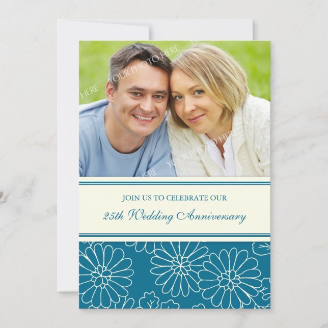 Turquoise Floral Photo 25th Anniversary Invitation (Front)
