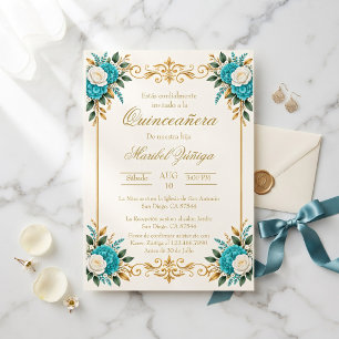 Turquoise Floral Quinceañera Gold Greenery Invitation