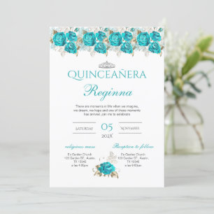 Turquoise Floral Quinceañera Invitation