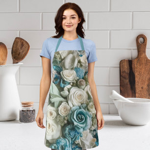 Turquoise Floral Roses Elegant Apron
