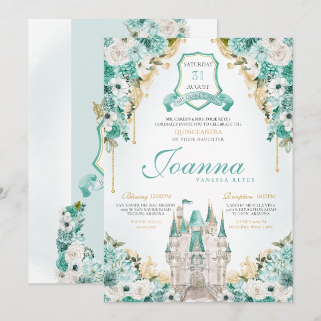 Turquoise Floral Royal Castle Princess Quinceanera Invitation (Front/Back)