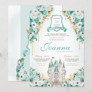 Turquoise Floral Royal Castle Princess Quinceanera Invitation
