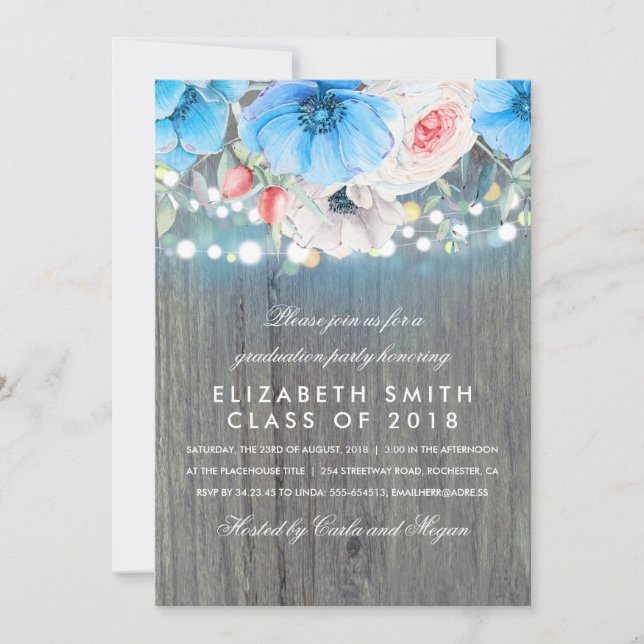 Turquoise Floral Rustic Wood Graduation Party Invitation (Front)