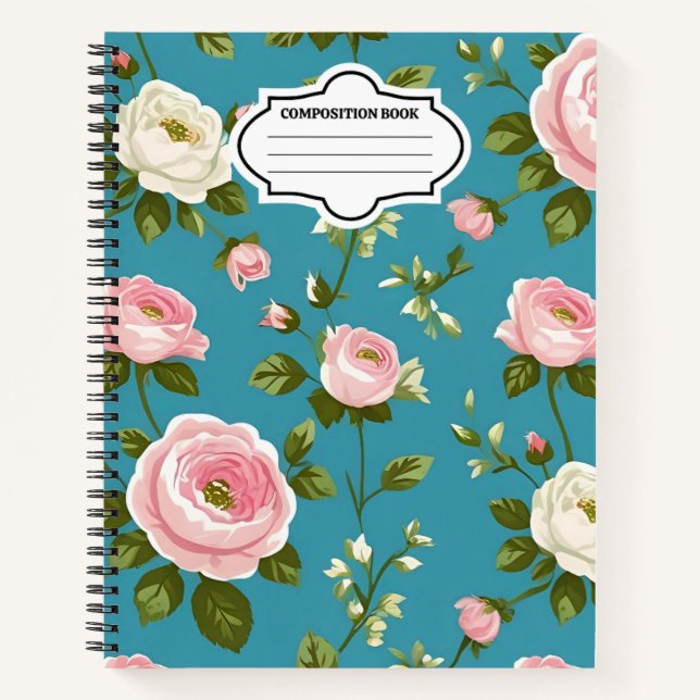 Turquoise Floral Spiral Notebook – Cute for School (Front)