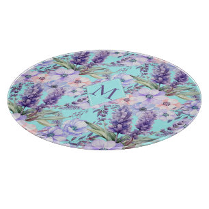 Turquoise Floral Spring Pattern Monogram Cutting Board