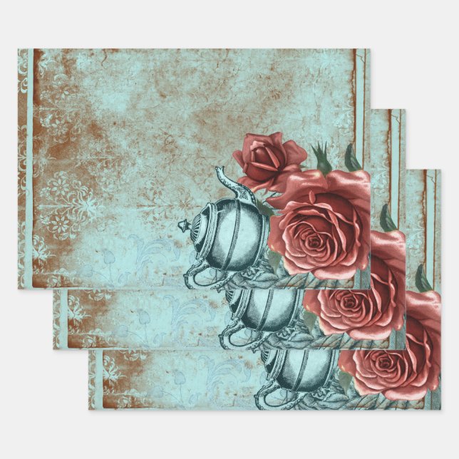 Turquoise Floral Teapot Wrapping Paper Sheet (Set)