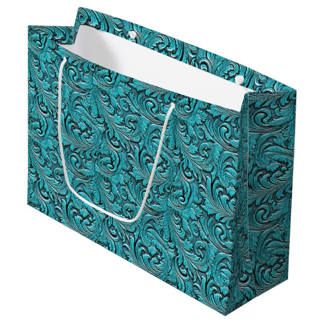 Turquoise floral tooled embossed leather western large gift bag (Front Angled)