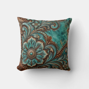 Turquoise Floral Tooled Leather Western Throw Pill Cushion