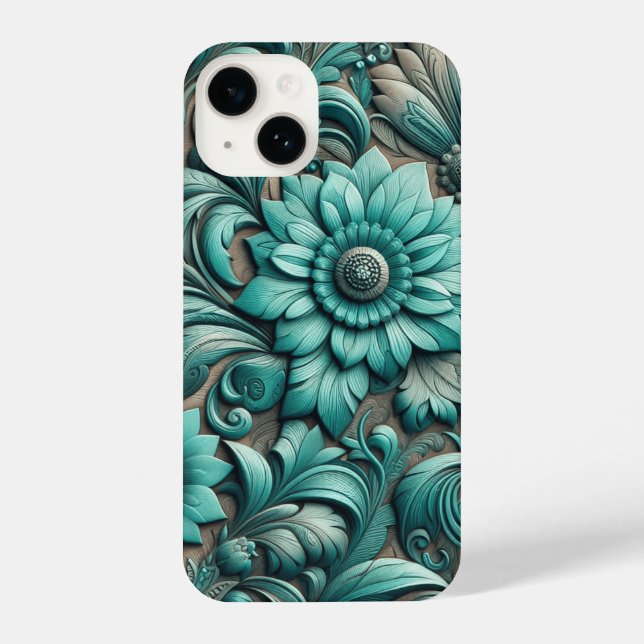 Turquoise Floral tooled Pattern Turquoise Teal iPhone Case (Back)