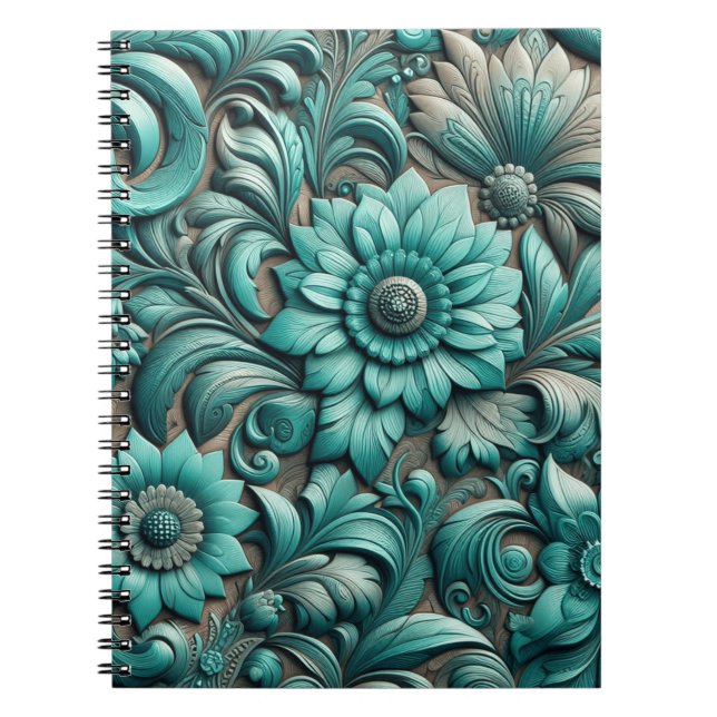 Turquoise Floral tooled Pattern Turquoise Teal Notebook (Front)