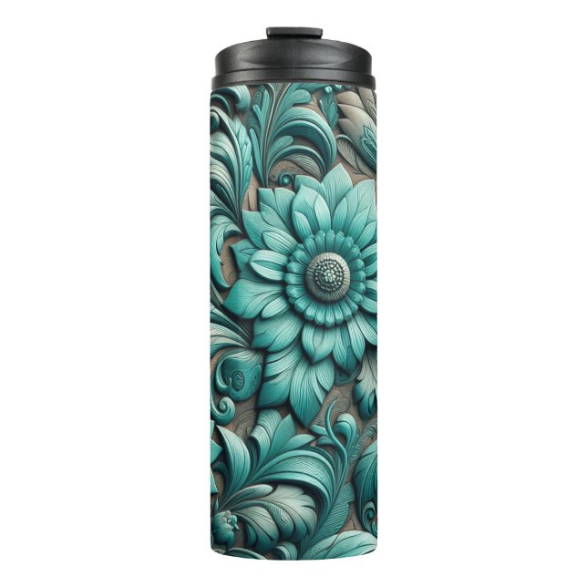 Turquoise Floral tooled Pattern Turquoise Teal Thermal Tumbler (Front)