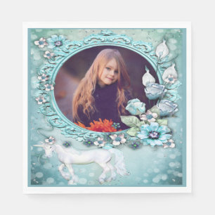 Turquoise Floral Unicorn Photo Birthday Napkin