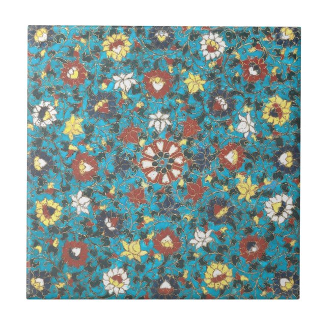 Turquoise Floral Vintage Chinese distressed Flower Tile (Front)