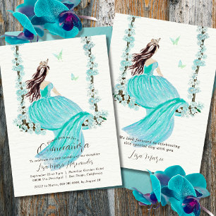 Turquoise Floral Watercolor Quinceañera Invitation