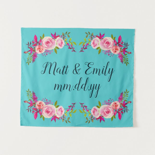 Turquoise Floral Wedding Backdrop Photo Booth Prop Tapestry (Front (Horizontal))