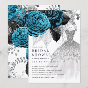Turquoise Floral Wedding Dress Bridal Shower Invitation