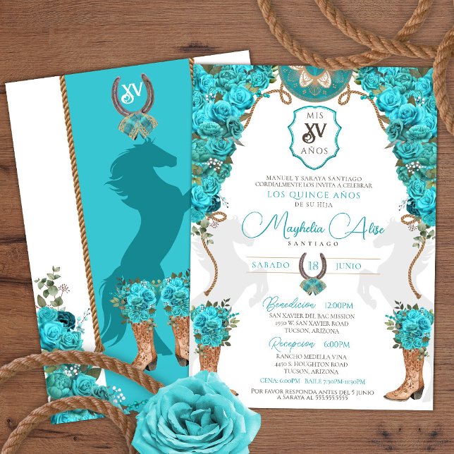 Turquoise Floral Western Charro Ranch Quinceañera Invitation (Creator Uploaded)