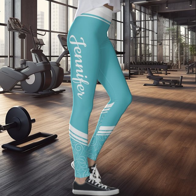 Turquoise floral white stripes & name modern leggings (Creator Uploaded)