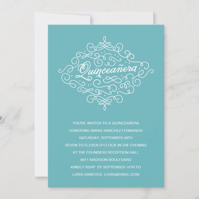 Turquoise Flourish Quinceanera Party Invitation (Front)