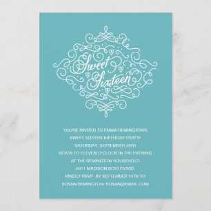 Turquoise Flourish Sweet Sixteen Birthday Party Invitation