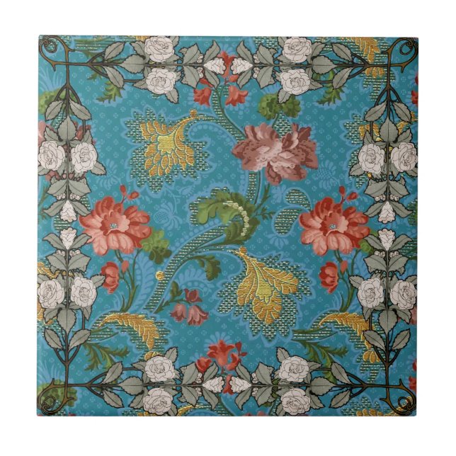 Turquoise  Flower Gold Rose Tile (Front)