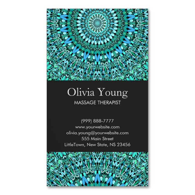 Turquoise Flower Mandala Magnetic Business Card (Front Vertical)