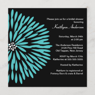 Turquoise Flower on Black Bridal Shower Invitation