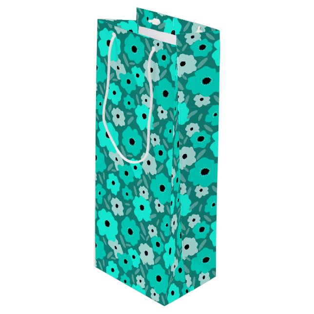 Turquoise flower pattern wine gift bag (Front Angled)