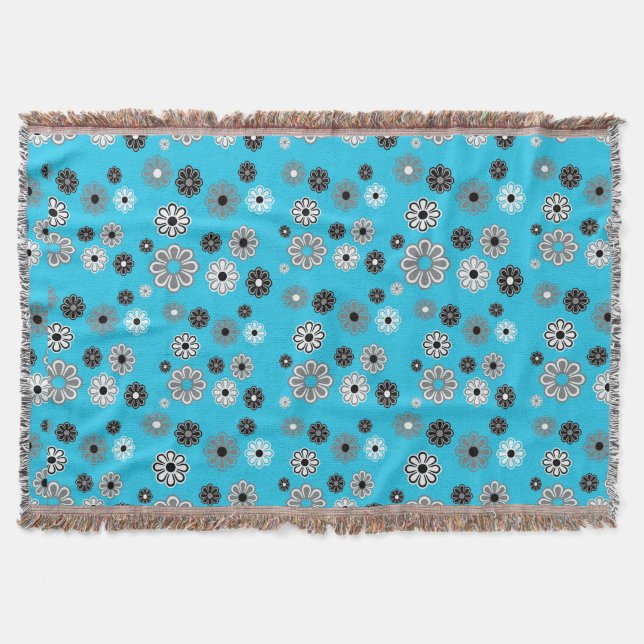 Turquoise flower power large daisies with black throw blanket (Front)