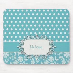 Turquoise Flowers and Polka Dots Mouse Mat