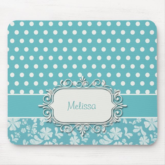 Turquoise Flowers and Polka Dots Mouse Mat (Front)