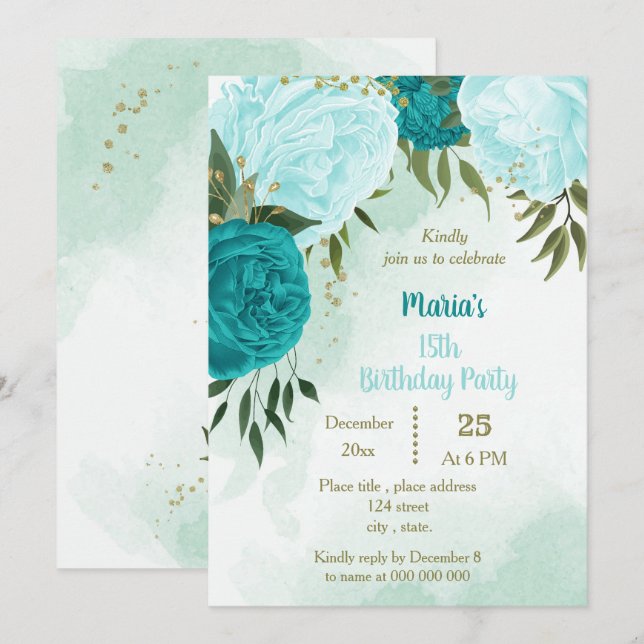 turquoise flowers green leaves birthday invitation (Front/Back)