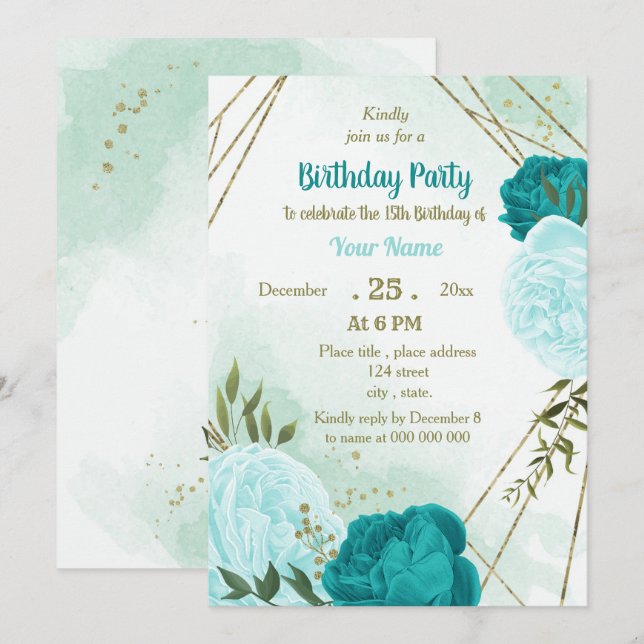 turquoise flowers green leaves birthday invitation (Front/Back)