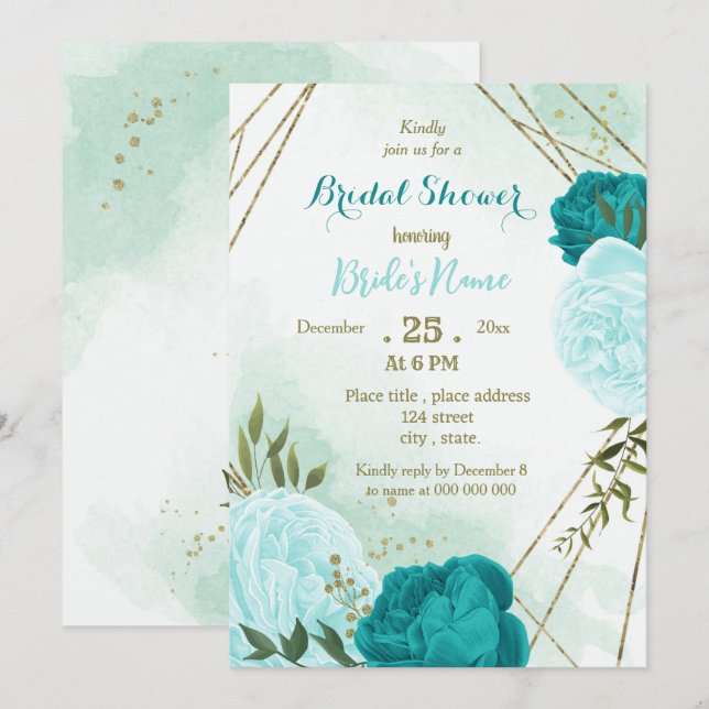 turquoise flowers green leaves bridal shower invitation (Front/Back)