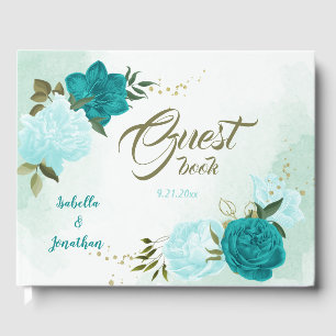 turquoise flowers green leaves guest book