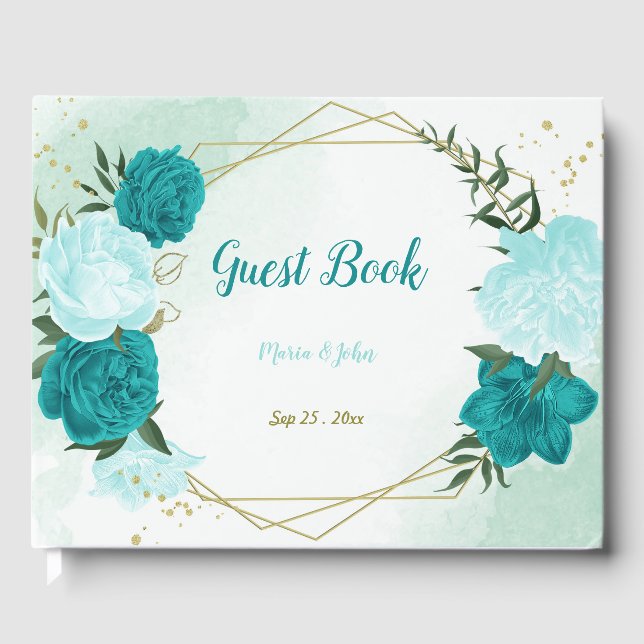 turquoise flowers green leaves guest book (Front)
