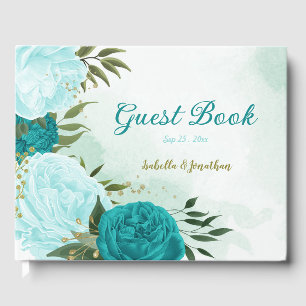 turquoise flowers green leaves guest book