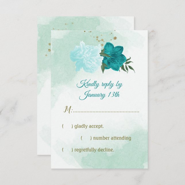 turquoise flowers green leaves RSVP card (Front/Back)