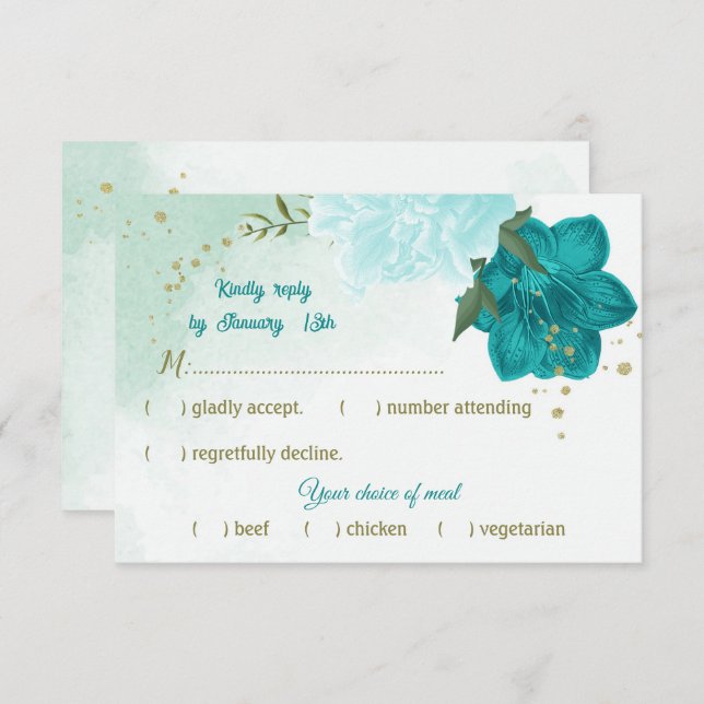 turquoise flowers green leaves RSVP card (Front/Back)