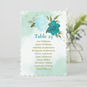 turquoise flowers green leaves seating chart card