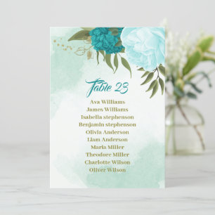 turquoise flowers green leaves seating chart card