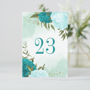 turquoise flowers green leaves table number card