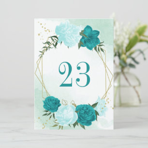 turquoise flowers green leaves table number card