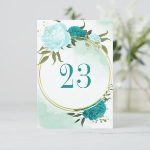 turquoise flowers green leaves table number card