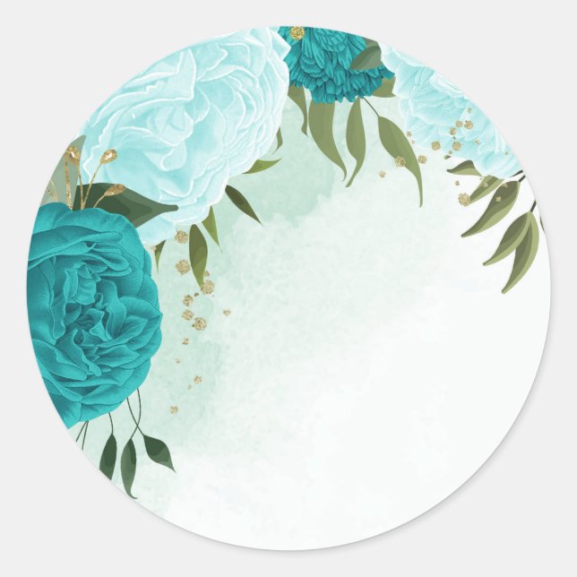 turquoise flowers green leaves wedding classic round sticker (Front)
