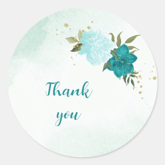 turquoise flowers green leaves wedding classic round sticker (Front)
