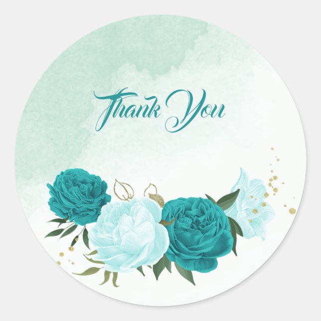 turquoise flowers green leaves wedding classic round sticker (Front)
